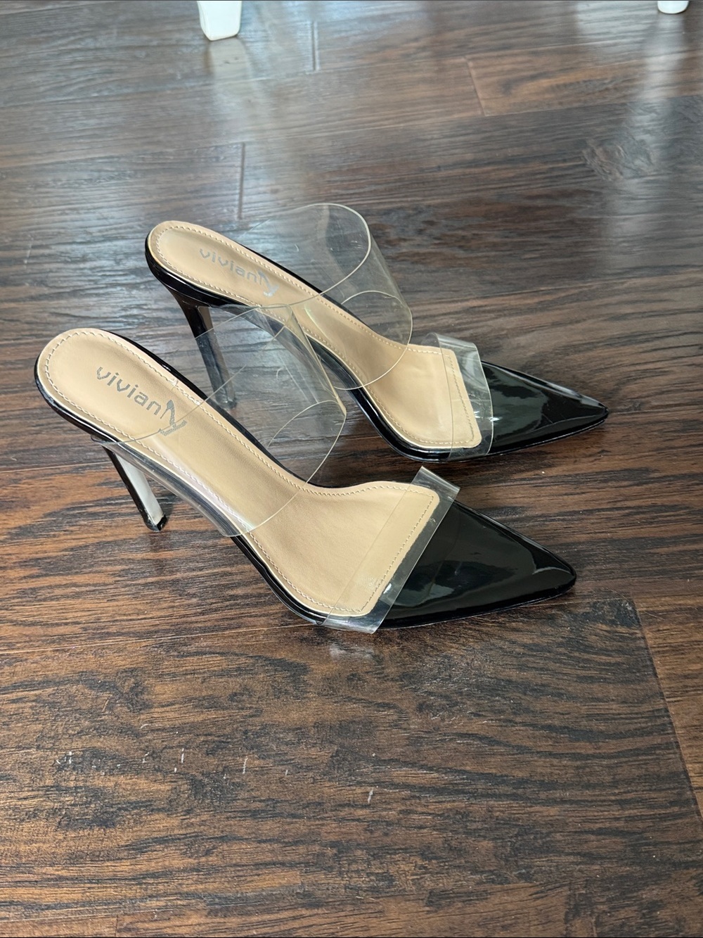 Vivianly Black Patent Pointed Mules with Clear Straps
